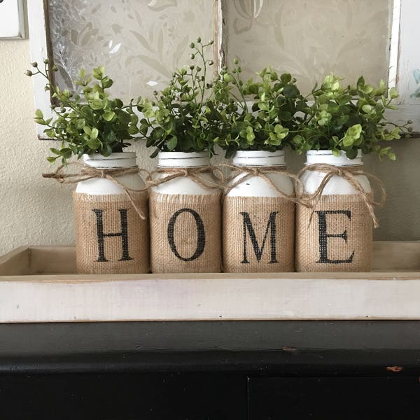 Country Home Decor, Mason Jars With Burlap, Painted Mason Jars, Mason Jars With Flowers,Southern Home Decor, Rustic Decor, Living Room Decor