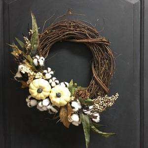 Fall White Pumpkin Wreath, Front Door Fall Wreaths, Neutral Fall Decor, Fall Pumpkin Wreath, Fall Decor, Fall Mantle Decor, Fall Porch Decor image 2