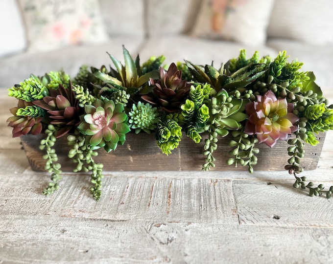 Succulent Centerpiece Faux Greenery Arrangement Wood Tray with Succulents Home Decor Wedding Centerpiece