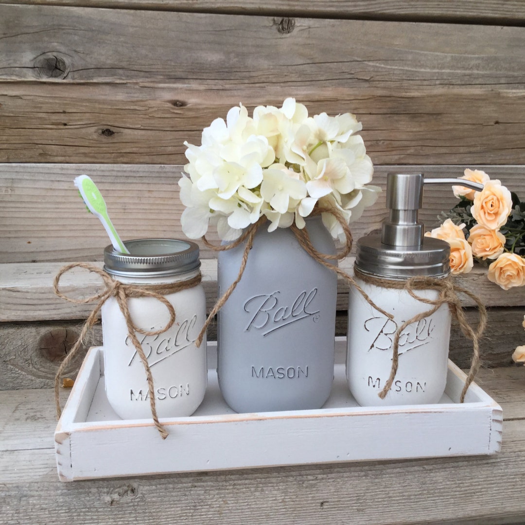 Mason Jar Bath Set With Tray, Grey Farmhouse Bathroom Decor, Gray ...