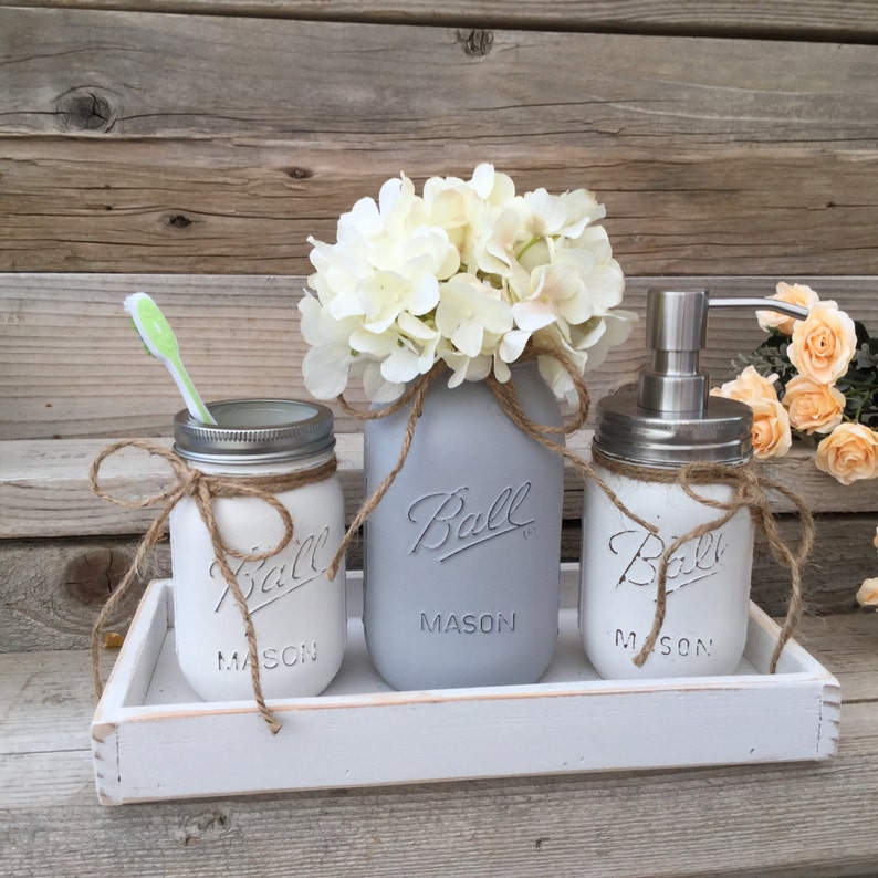 Mason Jar Bath Set with Tray, Grey Farmhouse Bathroom Decor, Gray Bathroom Decor,Custom Bathroom Decor,Mason Jar Bathroom Sets, Country Bath image 1