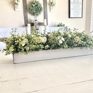 Farmhouse Centerpiece Floral Arrangements for Long Dining Room Table Wood Box with Roses Greenery Rustic Home Mantle  Decor Eucalyptus
