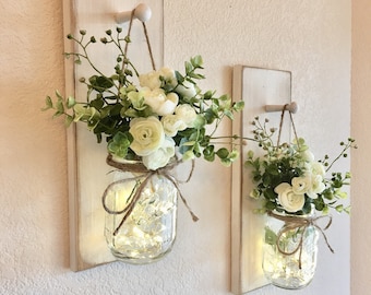 Home Decor Mason Jar Wall Sconce Set of 1 or 2, Rustic Farmhouse Wall Decor or Front Porch Cozy Wood Peg Sconces with Flowers & Fairy Lights