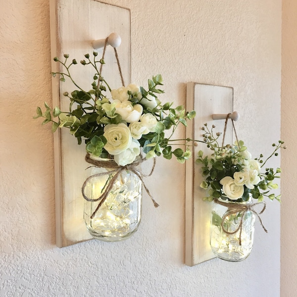 Home Decor Mason Jar Wall Sconce Set of 1 or 2, Rustic Farmhouse Wall Decor or Front Porch Cozy Wood Peg Sconces with Flowers & Fairy Lights