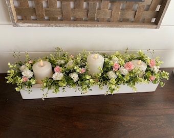 Farmhouse Candle Floral Arrangements Planter Box with Greenery Rustic Farmhouse Mantle Centerpiece Decor Kitchen Table Beach House Boho