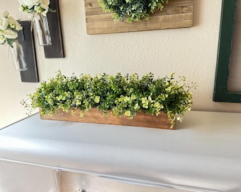 Rustic Planter Box Centerpiece with Greenery, Farmhouse Table Centerpieces, Floral Arrangement with Greenery, Mantle Decor, Arrangements