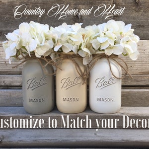 Set of 3 Mason Jars, Mason Jar Decor, Painted Mason Jars, Farmhouse Decor, Farmhouse Living Room Decor, Kitchen Decor, Table Centerpiece