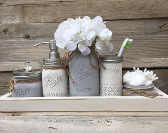 Gray Bathroom Decor, Gray Bathroom Set, Gray Mason Jar Bathroom Set, Bathroom Set, Rustic Bathroom Decor, Gray Bathroom Decor, Farmhouse