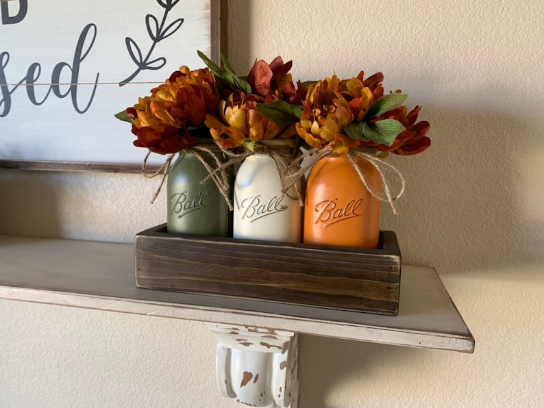 Fall Table Centerpiece,Fall Decor,Seasonal,Thanksgiving Table Decor,Mantle Decor,Rustic Planter With Jars,Mason Jar Centerpiece box,Country image 9