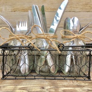 Mason Jar Silverware caddy, Chicken Wire Silverware Holder, Rustic Party Decor, Fork, Spoon Knive Caddy, Farmhouse Silverware Organizer image 2