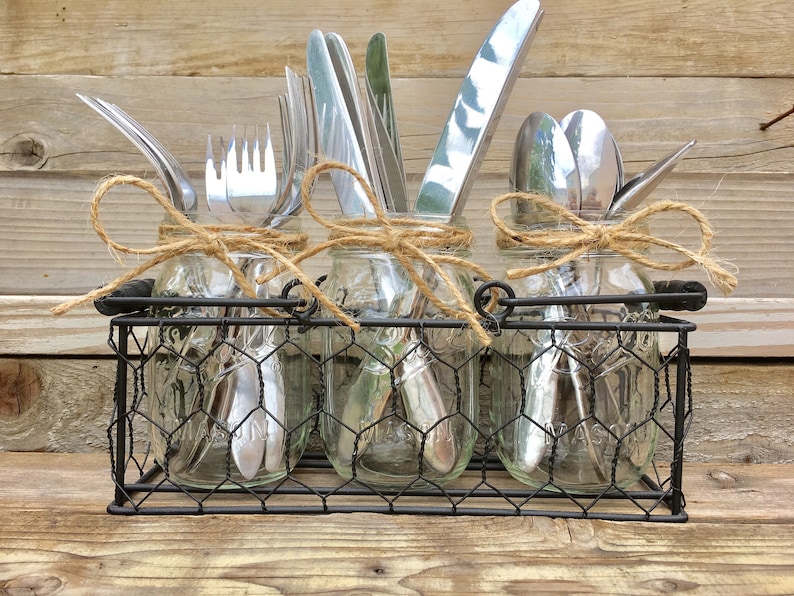 Mason Jar Silverware caddy, Chicken Wire Silverware Holder, Rustic Party Decor, Fork, Spoon Knive Caddy, Farmhouse Silverware Organizer image 2