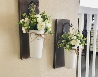 Farmhouse Living Room Decor, Hanging Planter with Greenery or Flowers, Rustic Wall Decor, Sconce with Flowers, Country Wall Decor, Farmhouse