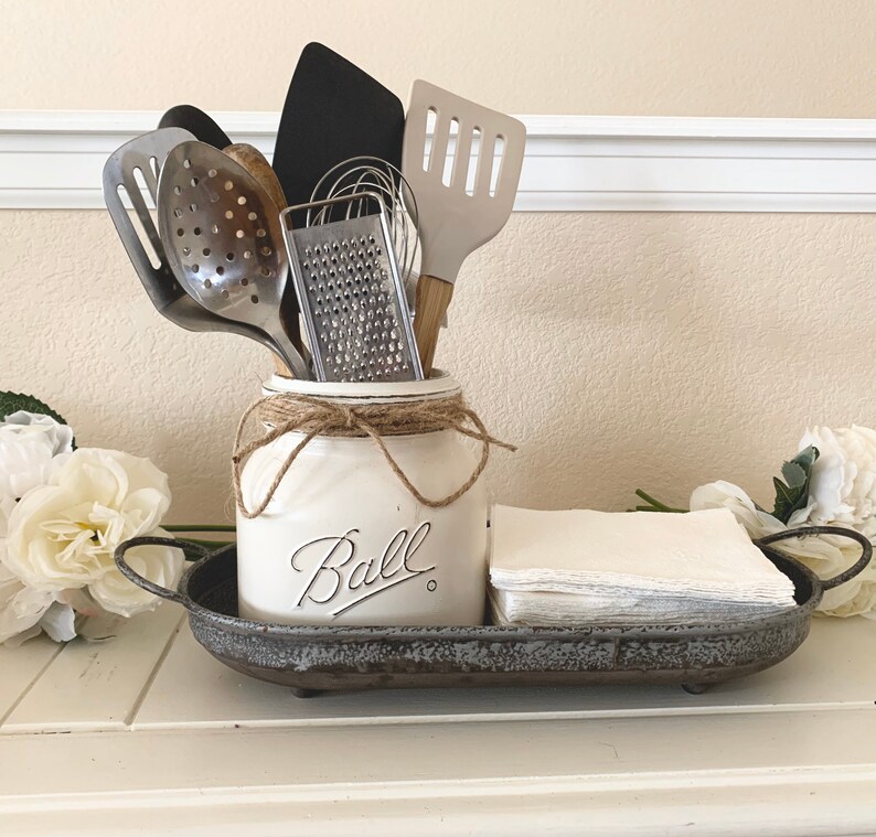 Kitchen Utensils Holder Napkin Holder Distressed Metal Tray Etsy