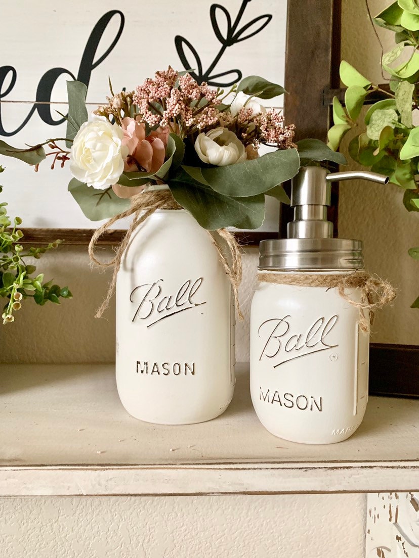 Mason Jar Bathroom Decor Vase and Soap Dispenser Set Painted Etsy