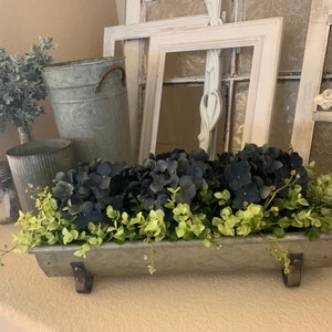 Farmhouse Floral Arrangement, Galvanized Planter Tray with Flowers and Greenery, Living Room Decor, TV console Centerpiece, Entryway Decor image 4