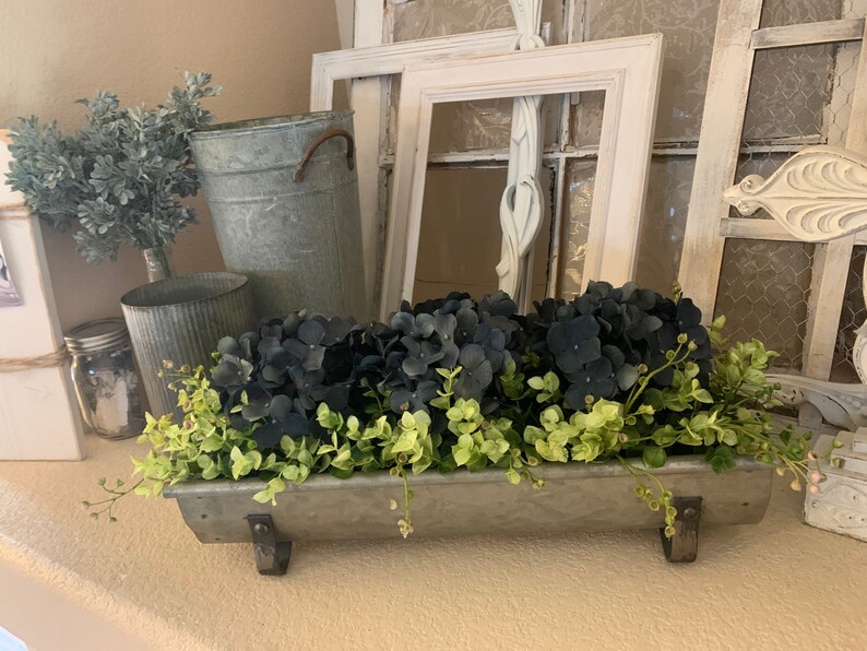 Farmhouse Floral Arrangement, Galvanized Planter Tray with Flowers and Greenery, Living Room Decor, TV console Centerpiece, Entryway Decor image 4