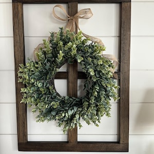 Wood Window Frame with Greenery Wreath 26”x18” Farmhouse Gallery Wall Window Pane Wall Decor Dining and Living Room Wall Hangings Over Bed