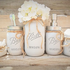 Mason Jar Bathroom Decor, Seafoam Bathroom Set, Painted Mason Jar Bathroom Set, Bathroom Set, Bathroom Decor,Bathroom Decor, Mason Jars image 3