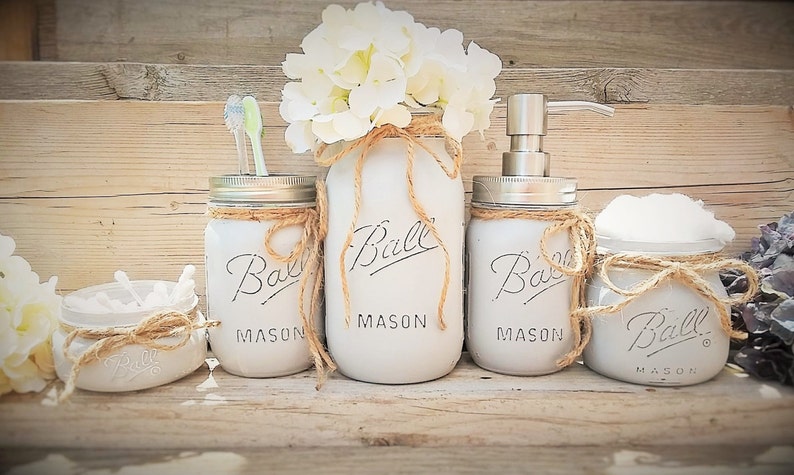 Mason Jar Bathroom Decor, Seafoam Bathroom Set, Painted Mason Jar Bathroom Set, Bathroom Set, Bathroom Decor,Bathroom Decor, Mason Jars afbeelding 3