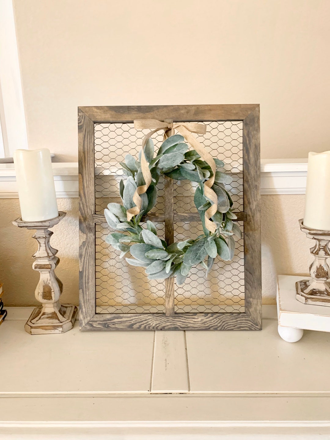 Window Frame With Lambs Ear Wreath, Chicken Wire Frame, Farmhouse