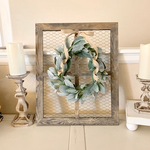 Window Frame with Lambs Ear Wreath, Chicken Wire Frame, Farmhouse Wall Decor, CountryDecor,Rustic Wall Decor, Gallery Wall Decor