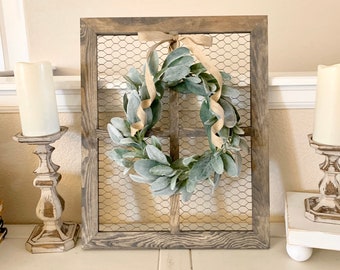 Window Frame with Lambs Ear Wreath, Chicken Wire Frame, Farmhouse Wall Decor, CountryDecor,Rustic Wall Decor, Gallery Wall Decor