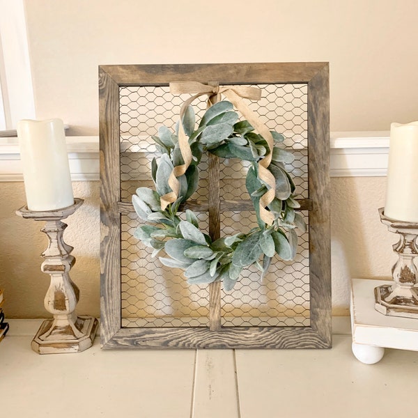 Window Frame with Lambs Ear Wreath, Chicken Wire Frame, Farmhouse Wall Decor, CountryDecor,Rustic Wall Decor, Gallery Wall Decor