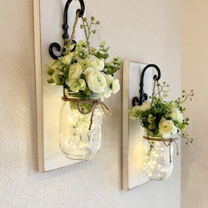 Set of Mason Jar Wall Sconces, Mason Jar Sconce with Lights, Front Porch Decor, Mason Jar Wall Decor, Country Farmhouse Wall Decor