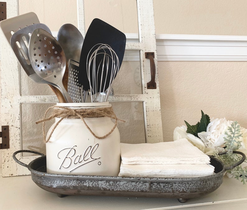 Kitchen Utensils Holder Napkin Holder Distressed Metal Tray Etsy
