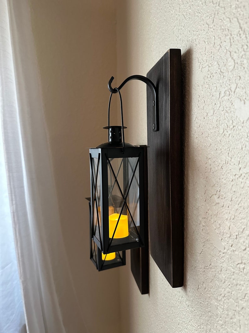 Wood Sconce with Black Hanging Lantern Farmhouse Rustic Vintage Style Lantern Candle Holder with Timer Cozy Home Decor Front Porch Cozy Fall Decorations Housewarming Gift Country Wall Sconce Over the Bed Wall Decor Christmas Gift Country Living Style