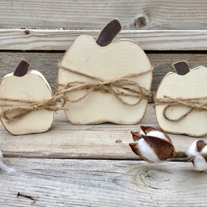 May include: Three white wooden pumpkins with brown stems, tied with twine, arranged on a wooden surface.