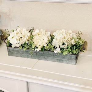 Farmhouse Floral Arrangement, Galvanized Planter Tray with Flowers and Greenery, Living Room Decor, TV console Centerpiece, Entryway Decor image 8