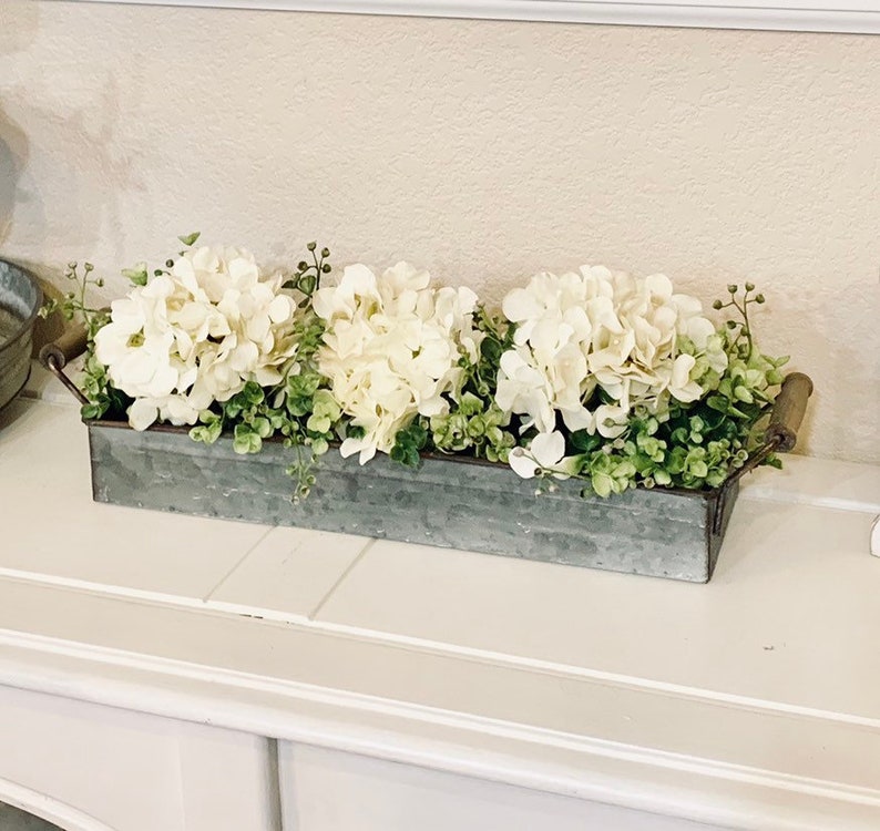 Farmhouse Floral Arrangement, Galvanized Planter Tray with Flowers and Greenery, Living Room Decor, TV console Centerpiece, Entryway Decor image 8