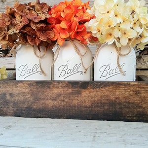 Fall Farmhouse Decor Rustic Fall Mason Jar Centerpiece Decor, Thanksgiving Table Decorations Centerpieces, Fall Mantle, Wood Box with Jars image 2