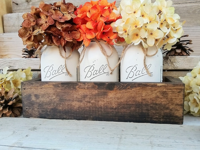 Fall Farmhouse Decor Rustic Fall Mason Jar Centerpiece Decor, Thanksgiving Table Decorations Centerpieces, Fall Mantle, Wood Box with Jars image 2