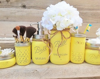 Yellow Mason Jar Bathroom Set, Yellow Bathroom Decor, Yellow Bathroom Set, Bathroom Organization, Yellow Bath Set, Bathroom Decor,Mason Jars