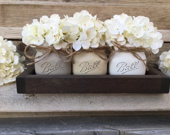 Rustic Tray with 3 Painted Mason Jars, Farmhouse Living Room Decor, Farmhouse Table Decor, Country Decor, Mason Jar Decor,Coffee Table Decor