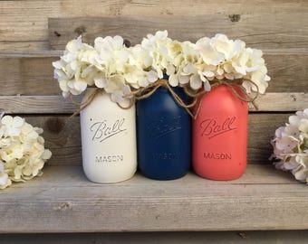 Coral and Navy Wedding Decor, Coral and Navy Wedding Centerpieces, Coral and Navy Wedding Decorations, Coral and Navy Painted Mason Jars