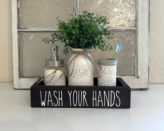 Wash your hands modern farmhouse storage box bathroom decor toilet tank tray with soap dispenser and toothbrush holder customizable rustic