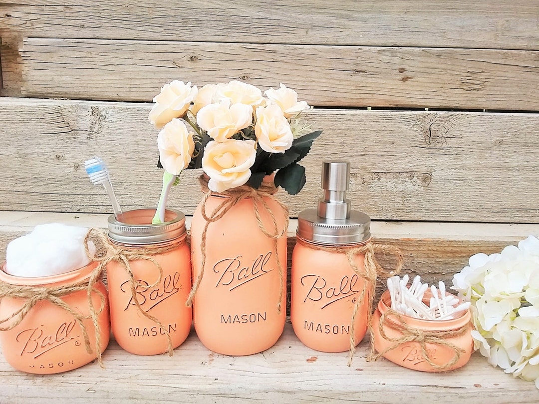 Mason Jar Bathroom Decor, Peach Bathroom Set, Painted Mason Jar