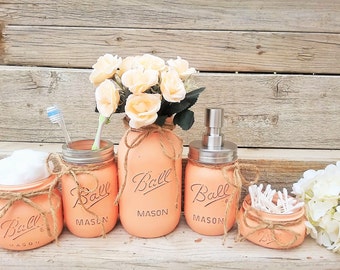 Mason Jar Bathroom Decor, Peach Bathroom Set, Painted Mason Jar Bathroom Set, Bathroom Set, Bathroom Decor, Peach Bathroom Decor, Mason Jars