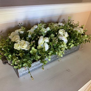 Farmhouse Floral Arrangement, Galvanized Planter Tray with Flowers and Greenery, Living Room Decor, TV console Centerpiece, Entryway Decor image 5