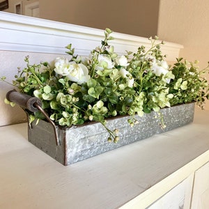 Farmhouse Floral Arrangement, Galvanized Planter Tray with Flowers and Greenery, Living Room Decor, TV console Centerpiece, Entryway Decor image 7