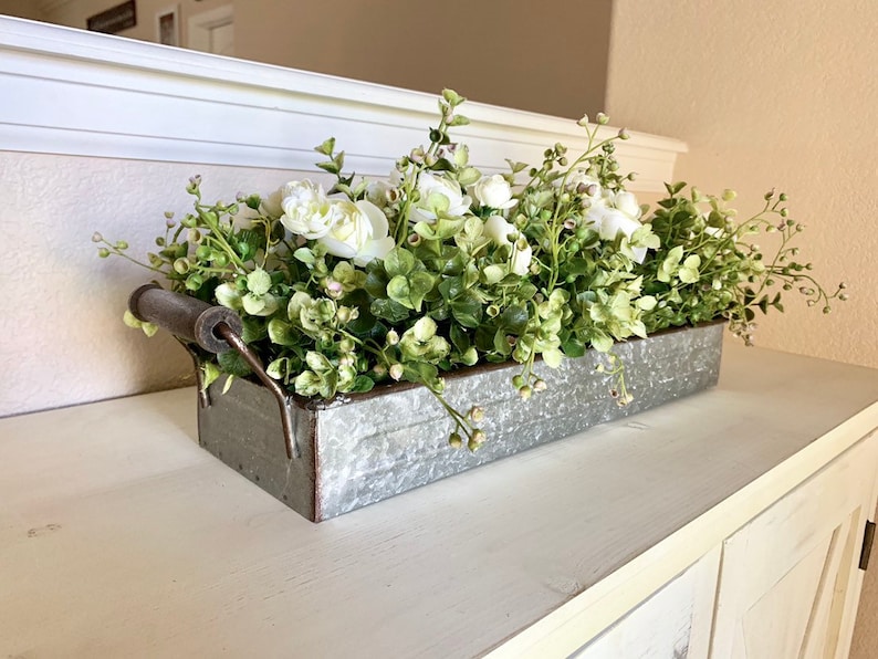 Farmhouse Floral Arrangement, Galvanized Planter Tray with Flowers and Greenery, Living Room Decor, TV console Centerpiece, Entryway Decor image 7