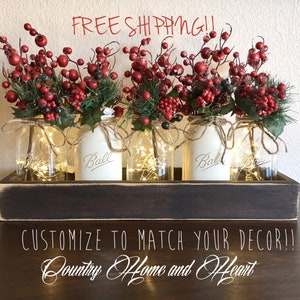 Christmas Decor,Christmas Table Decor,Rustic Christmas Dining Room Table Centerpiece,Farmhouse Christmas, Mason Jars,Christmas Mantle Decor