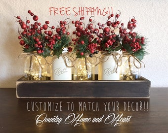 Christmas Decor,Christmas Table Decor,Rustic Christmas Dining Room Table Centerpiece,Farmhouse Christmas, Mason Jars,Christmas Mantle Decor