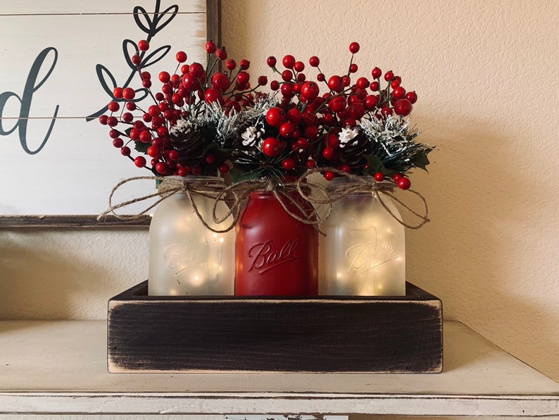 Christmas Decor, Christmas Dining Table Decor, Rustic Christmas Centerpiece,Farmhouse Christmas, Christmas Mason Jars, Decorations image 1