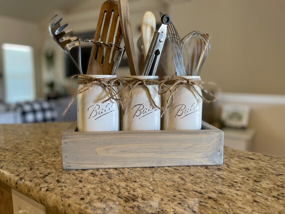 Rustic Kitchen Decor, Utensils Holder, Mason Jar Utensils Holders