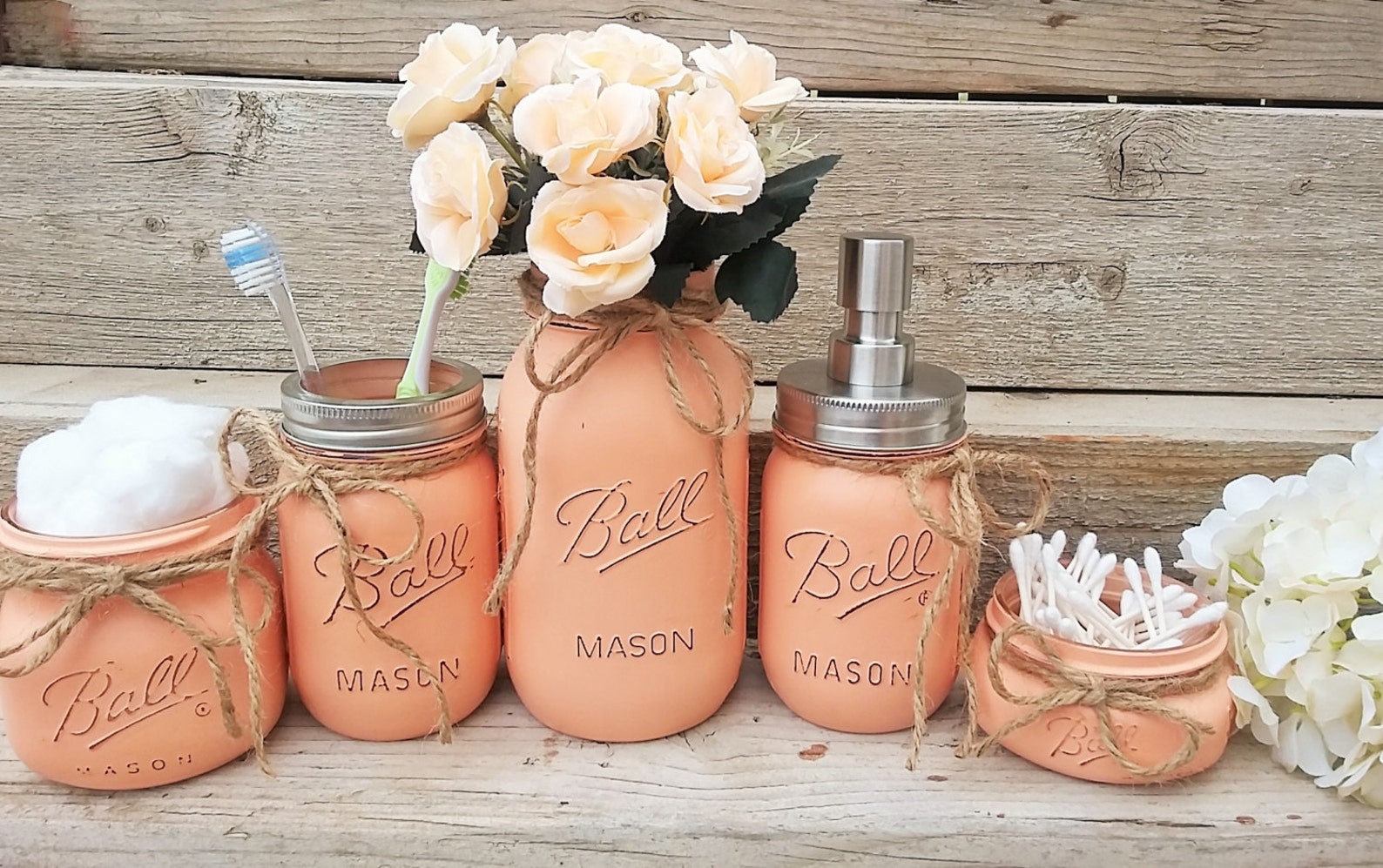 Mason Jar Bathroom Decor Peach Bathroom Set Painted Mason - Etsy Israel