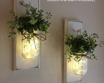 Set of 2 Sconces or Single, Farmhouse Decor Hanging Lighted Mason Jar Sconces, Rustic Wood Sconce Wall Hanging with Jar Greenery or Flowers